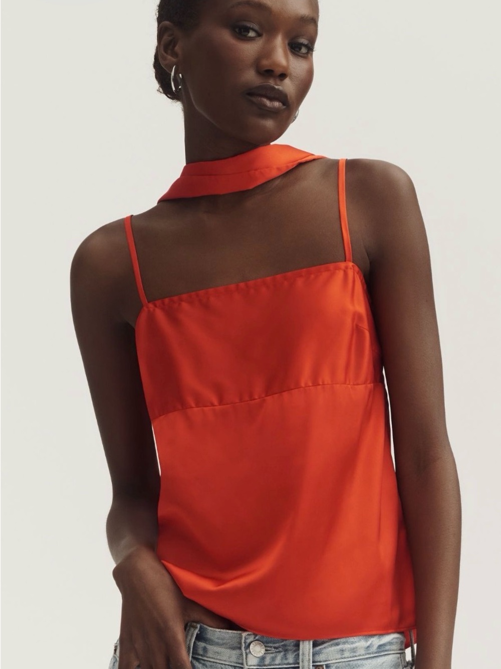 Anthropologie Red Satin Square-Neck Cami with Neck Tie